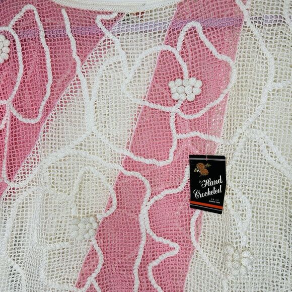 Lim's Vintage Hand Crocheted Abstract Flower Top Pink White Pom Poms Medium - Picture 2 of 6